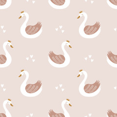 Swan princess seamless pattern. Cute baby pink background with a beautiful bird. Hand drawn vector illustration. Creative kids texture. Nursery design. Baby print swan