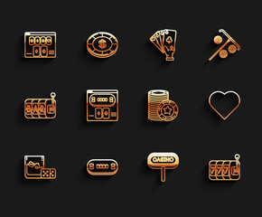 Set line Game dice and glass of whiskey with ice cubes, Poker table, Online poker game, Casino signboard, Slot machine lucky sevens jackpot, Playing card heart symbol and chips icon. Vector