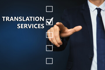 Translation Services. Man pointing and checkbox on virtual screen against blue background, closeup