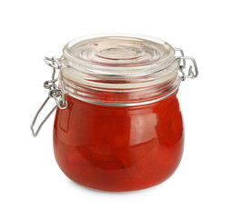 Glass jar of delicious canned lecho isolated on white