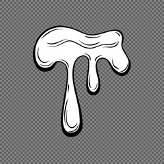 Dripping liquid outline on a transparent background. Contoured black and white illustration of a flowing viscous liquid. Wax, honey, slime. Vector.