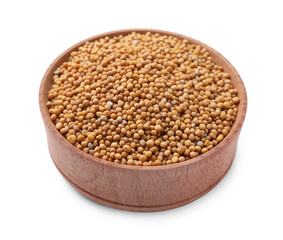 Wooden bowl with mustard seeds isolated on white