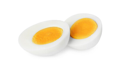 Halves of fresh hard boiled egg on white background