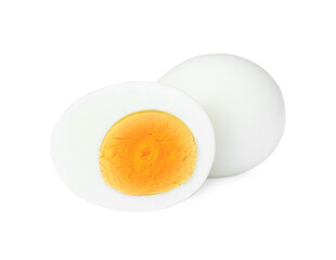 Fresh peeled hard boiled eggs on white background