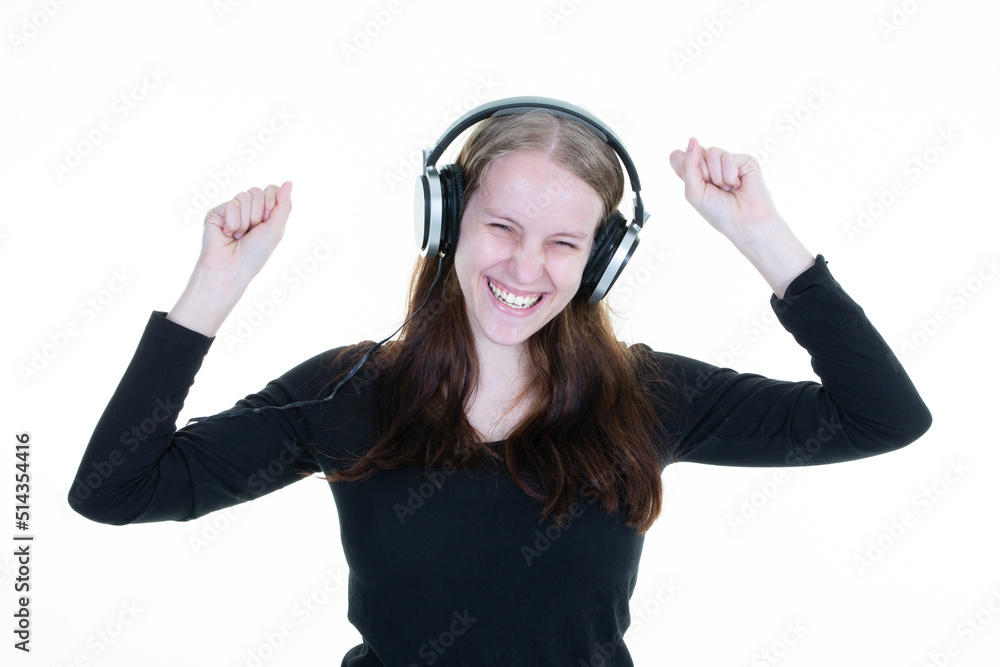 Wall mural girl with headphones enjoy music teen concept fun