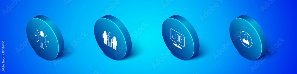Poster set isometric multitasking manager working, search job, exchange and project team base icon. vector