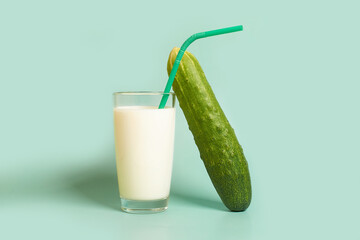 Glass with milk, plastic tube and cucumber