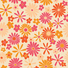 Hippie seamless vector pattern. Nostalgic retro 70s groovy print. Vintage floral background. Textile and surface design with old fashioned hand drawn naive geometric flowers