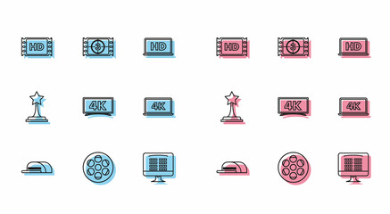 Set line Cap with inscription director, Film reel, 4k movie, tape, frame, Buy cinema ticket online, Laptop screen video technology, Movie trophy and Play Video icon. Vector