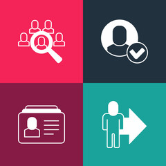 Set pop art Leader of a team of executives, Resume, Worker and Magnifying glass for search job icon. Vector