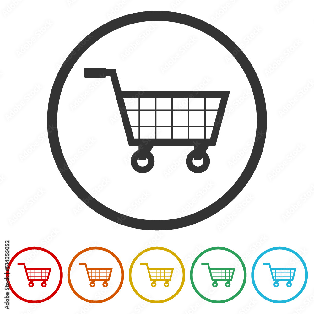 Poster shopping cart icons in color circle buttons