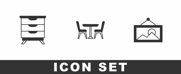Set Furniture nightstand, Table with chair and Picture icon. Vector