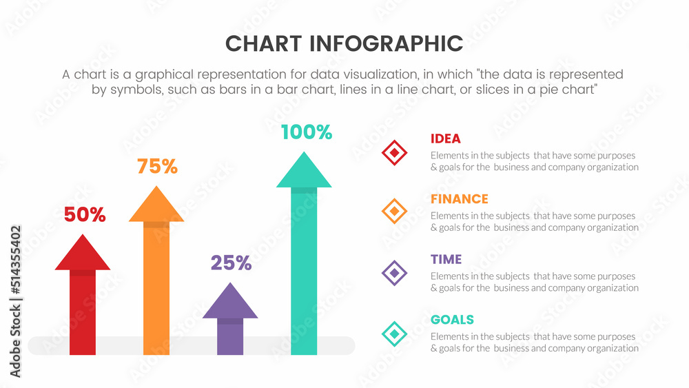 Poster infographic chart concept for slide presentation with 4 point list and arrow bar for percent or perc