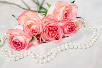The branch of pink rose on white fabric background
