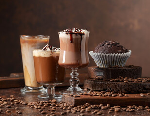Chocolate muffin and coffee cocktails.