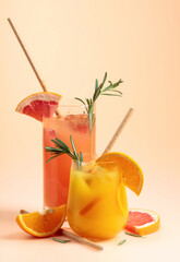Orange and grapefruit juice with rosemary and ice.