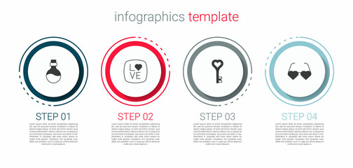 Set Bottle with love potion, Love text, Key in heart shape and Heart shaped glasses. Business infographic template. Vector