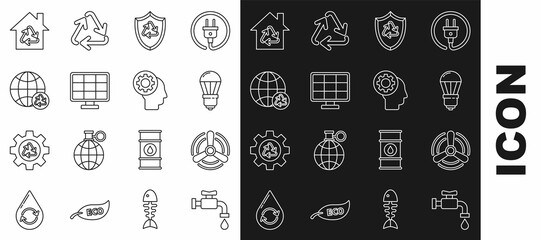 Set line Water tap, Wind turbine, LED light bulb, Recycle symbol inside shield, Solar energy panel, Planet earth and recycling, Eco House with and Human head gear icon. Vector