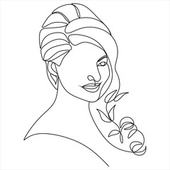 Goddes woman face with flowers vector line art