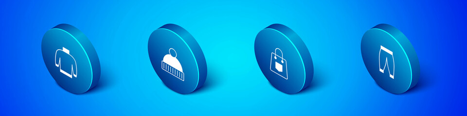 Set Isometric Sweater, Handbag, Pants and Beanie hat icon. Vector