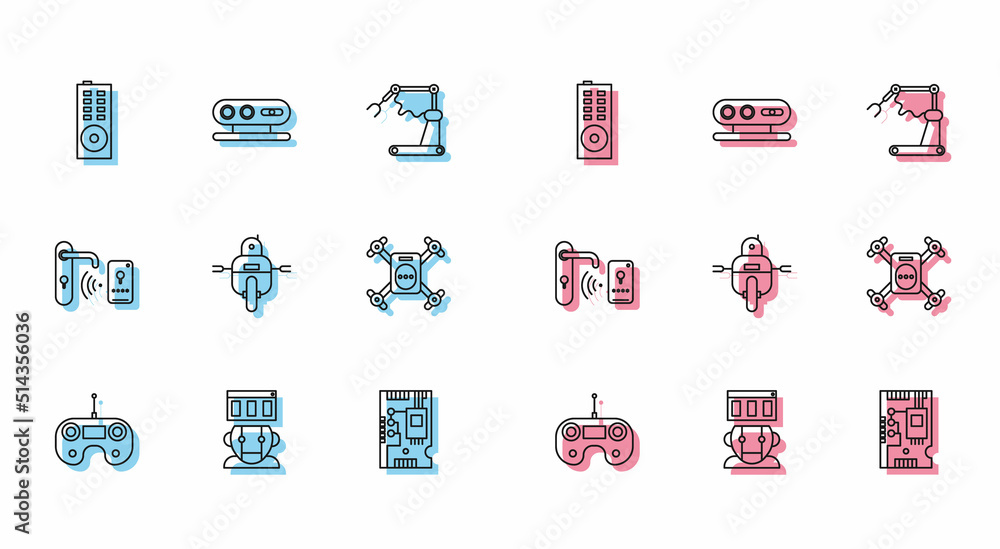 Poster set line remote control, electronic computer components motherboard digital chip, drone flying with 