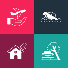 Set pop art Car damaged by fallen tree, House and lightning, Flood car and Plane hand icon. Vector
