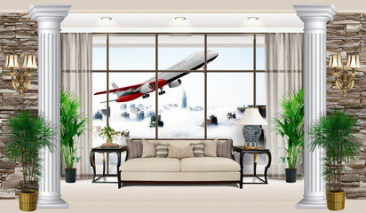 Digital illustration of a living room with a view from the window of skyscrapers in the clouds and a plane taking off. 3d photo wallpapers. 3d image.