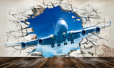 Fototapety  Illustration of a plane taking off through a hole in a broken wall. The departure of the plane into the room. 3d image. 3d photo wallpapers.