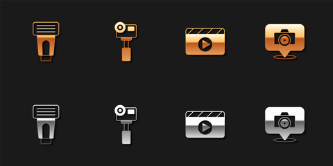 Set Photo camera flash, Action extreme, Movie clapper and icon. Vector