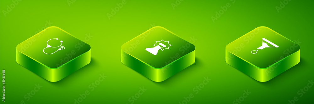 Poster set isometric explosion in the flask, funnel or filter and stethoscope icon. vector