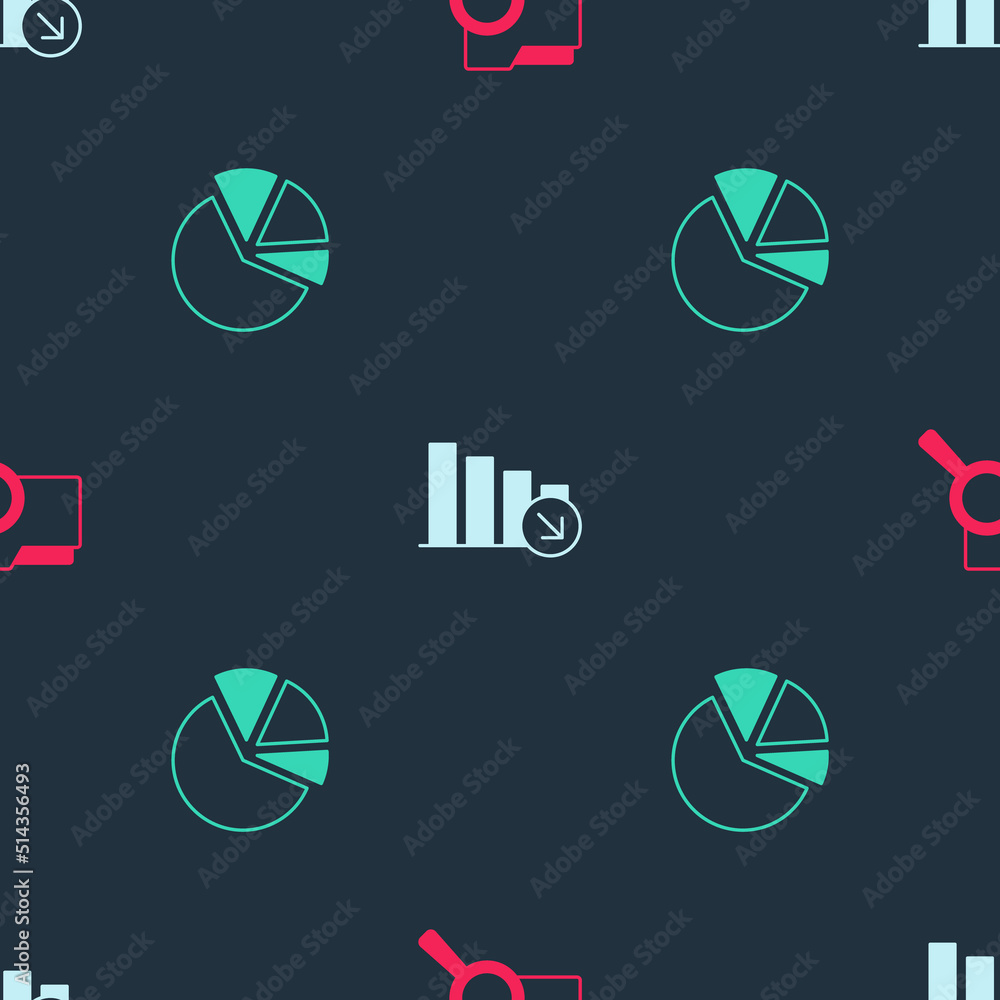Aufkleber set search with folder, financial growth decrease and pie chart infographic on seamless pattern. vec