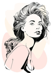 Vector drawing, graphic portrait of a beautiful girl. Facial expressions, people positive emotions, gentle lady. Hand drawing digital vector. Illustration.