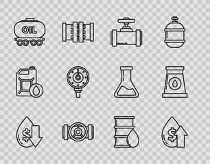 Set line Drop in crude oil price, Oil increase, Industry metallic pipes and valve, railway cistern, Motor gas gauge, Barrel and industrial factory building icon. Vector