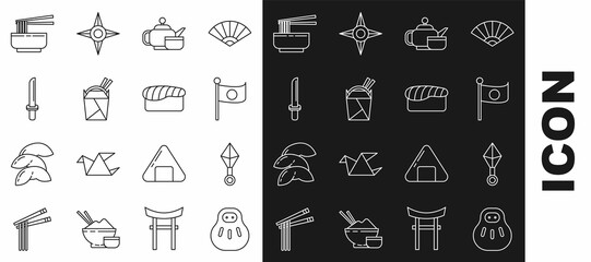 Set line Maneki neko cat, Japanese ninja shuriken, National flag of on pole, tea ceremony, Asian noodles paper box and chopsticks, katana, bowl and Sushi icon. Vector