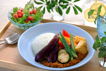 夏野菜のキーマカレー　トマトとなすのキーマカレー　夏野菜添え　