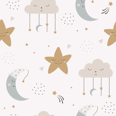 Cute heavenly seamless pattern. Cartoon baby print with a sleeping moon, star and cloud. Hand drawn kids background. Design nursery. 
