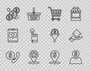 Set line Telephone handset and speech bubble chat, Business man planning mind, Shopping cart, Map pointer with star, Coin money dollar, Hand touch tap gesture, Cash location and Money icon. Vector