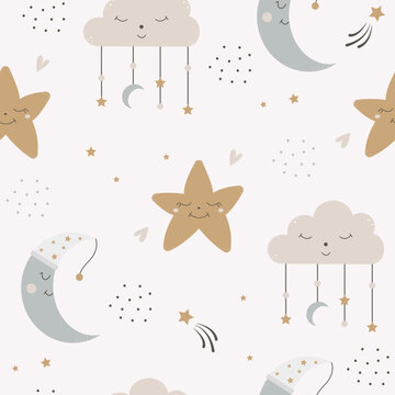 Fototapeta Cute heavenly seamless pattern. Cartoon baby print with a sleeping moon, star and cloud. Hand drawn kids background. Design nursery. 