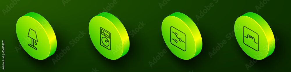 Poster set isometric line table lamp, ampere meter, multimeter, switch in electronic circuit and inductor i