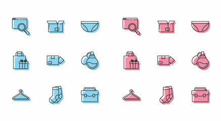Set line Hanger wardrobe, Socks, Search in browser window, Briefcase, Carton cardboard box, Perfume, Gift and icon. Vector