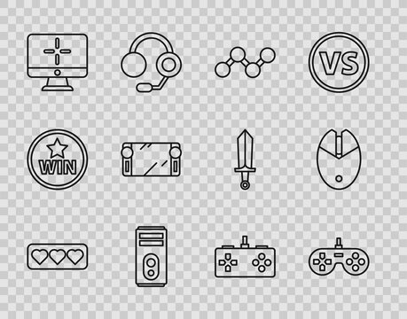 Set line Like and heart, Gamepad, Share, Computer, monitor, Portable video game console, and mouse gaming icon. Vector