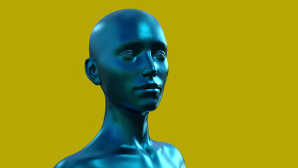 3d illustration. Portrait of a blue bald woman on an yellow background. 