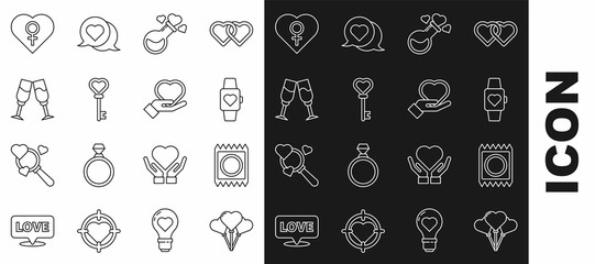 Set line Balloons in form of heart, Condom package, Heart the center wrist watch, Bottle with love potion, Key shape, Glass champagne, female gender and hand icon. Vector