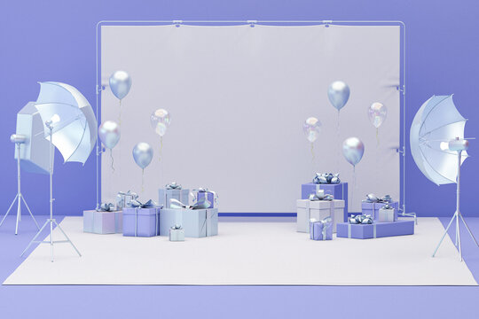 3d photography studio with gift boxes and balloons. Photo studio blue, purple and white blank backdrop with softbox light. 3D rendering for web page, audition, presentation or holiday, celebration
