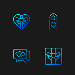 Set line Gift box, Heart in speech bubble, Candy heart shaped and Please do not disturb with. Gradient color icons. Vector