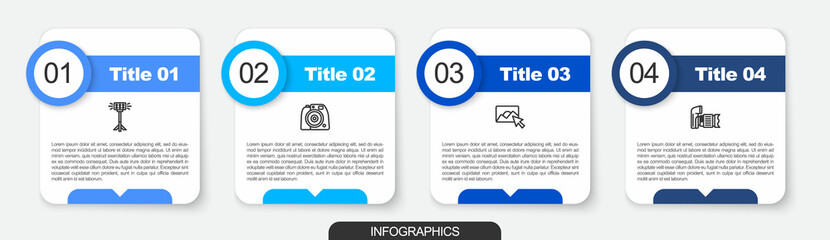 Set line Studio light bulb in softbox, Photo camera, retouching and . Business infographic template. Vector
