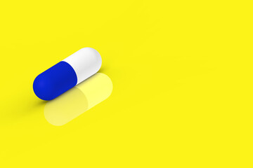 a blue capsule lies on a yellow background with reflection. medication. Horizontal image. Place for text cope space. 3D rendering. 3D image