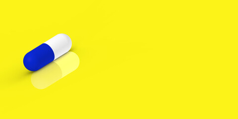 a blue capsule lies on a yellow background with reflection. medication. Horizontal image. Banner for insertion into site. Place for text cope space. 3D rendering. 3D image
