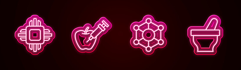 Set line Processor CPU, Genetically modified apple, Molecule and Mortar and pestle. Glowing neon icon. Vector