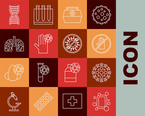 Set line Bar of soap, Virus, No handshake, First aid kit, Hand with virus, cells in lung, DNA symbol and Stop icon. Vector